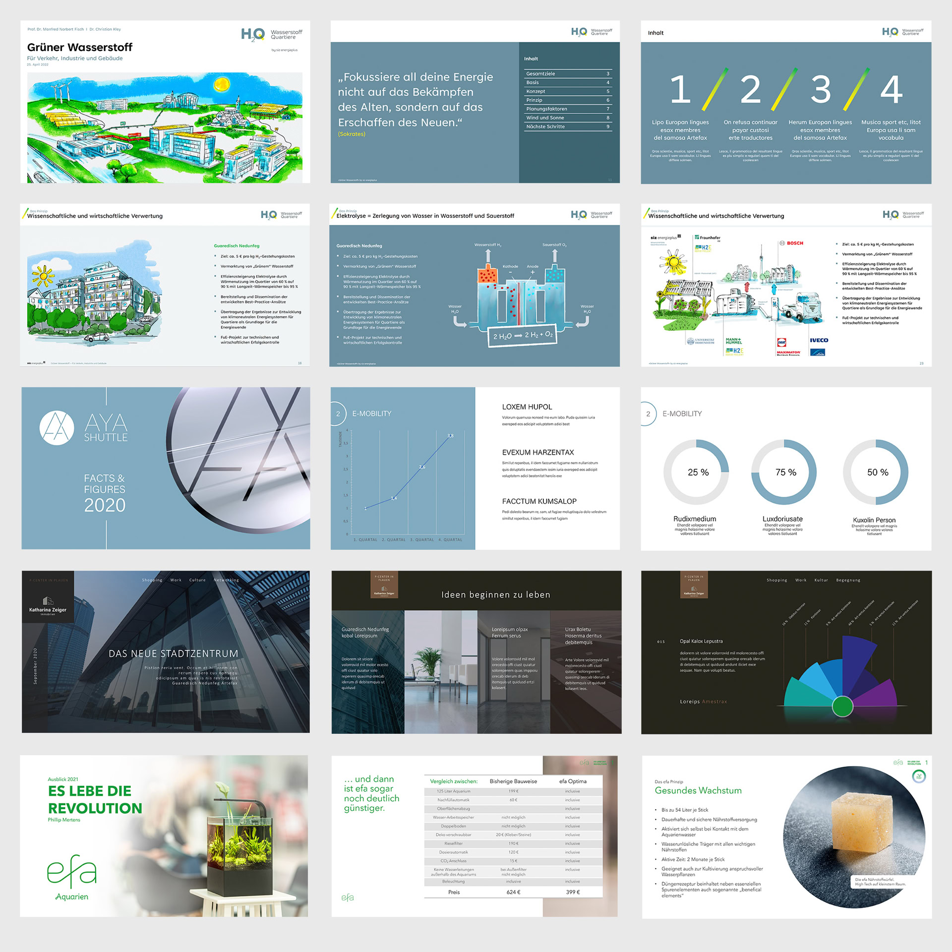 Gestaltung von PowerPoint Folien. Kreative Beispiele zum Thema Grüner Wasserstoff, Nachhaltigkeit und Projektentwicklung in der Region Stuttgart.