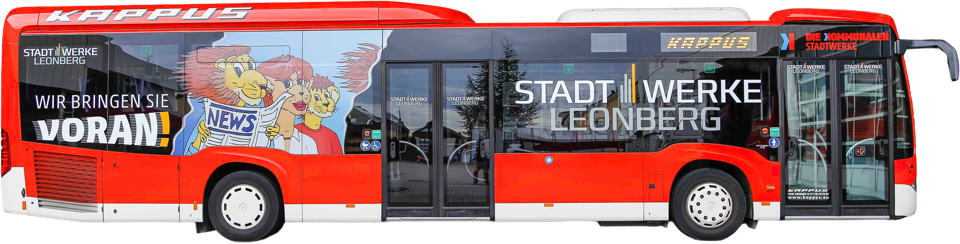 Linienbus der Stadtwerke Leonberg mit Illustrationen von Jürgen Benesch