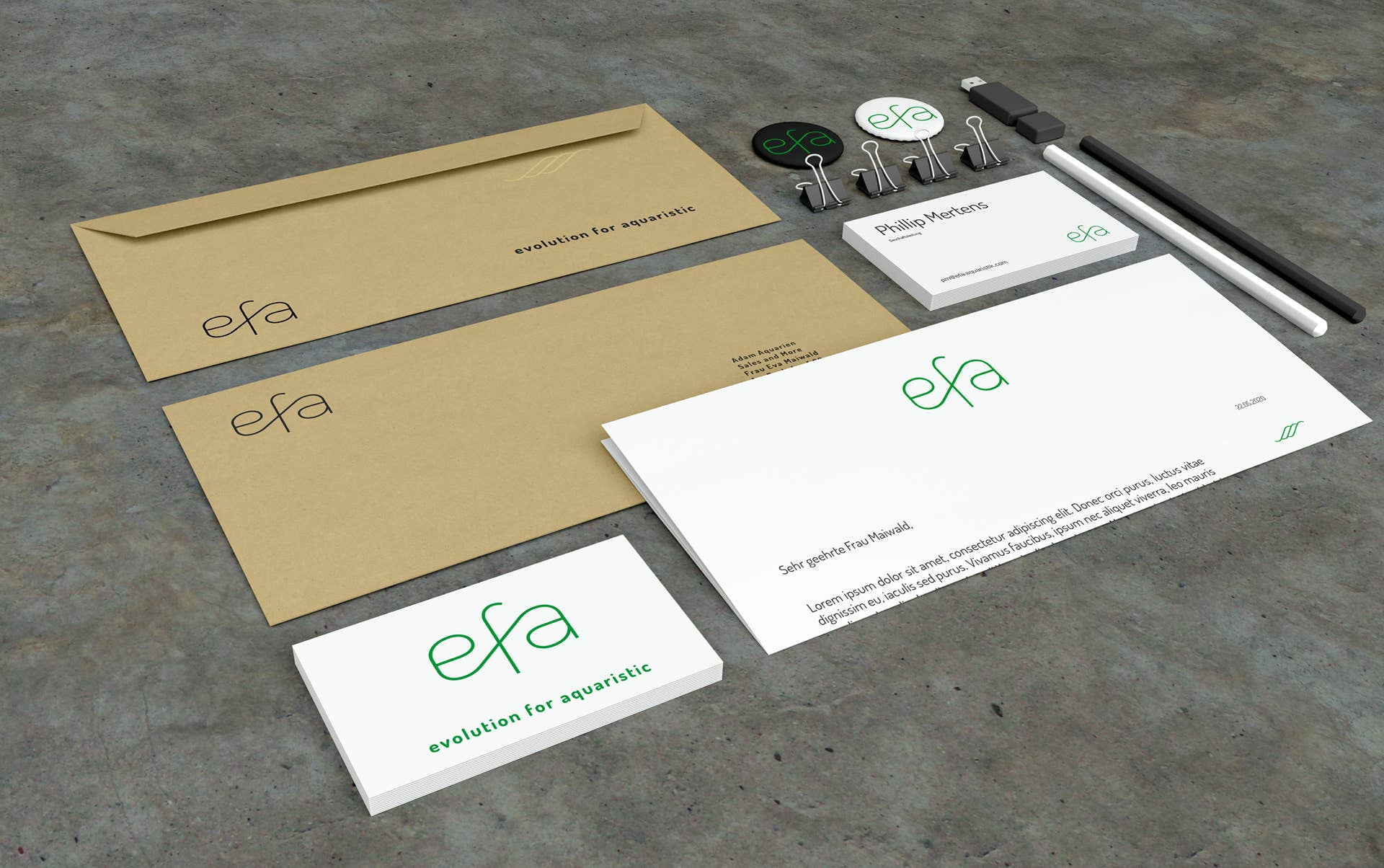 Geschäftsausstattung für efa Aquarien mit Logo, Visitenkarten, Briefbogen und Briefhülle