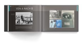 Jubiläumsbroschüre der DÜRR Group, Rubrik »von A nach B« Menschen und Produkte auf Reisen, jede Rubrik hat ein etwas abweichendes Seitenlayout und eine eigene Farbe.