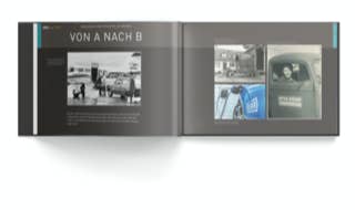 Jubiläumsbroschüre der DÜRR Group, Rubrik »von A nach B« Menschen und Produkte auf Reisen, jede Rubrik hat ein etwas abweichendes Seitenlayout und eine eigene Farbe.