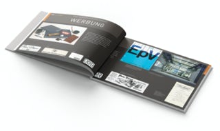 Jubiläumsbroschüre der DÜRR Group, Rubrik »Werbung«. Grafik Design Beispiele von der Gründung bis heute. Auch das Firmenlogo im Wandel der Zeit ist im direkten Vergleich zu sehen.