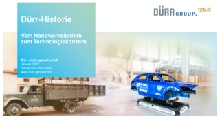 Verschiedene Titelseiten für die PowerPoint Präsentation von Dürr für das 125 jährige Firmenjubiläum. Die Composings zeigen immer die Vergangenheit und die aktuelle Zeit in einem Motiv. Vom Handwerksbetrieb zum Technologiekonzern in 125 Jahren.