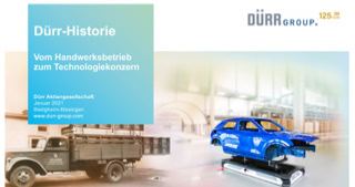 Verschiedene Titelseiten für die PowerPoint Präsentation von Dürr für das 125 jährige Firmenjubiläum. Die Composings zeigen immer die Vergangenheit und die aktuelle Zeit in einem Motiv. Vom Handwerksbetrieb zum Technologiekonzern in 125 Jahren.