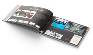 Jubiläumsbroschüre der DÜRR Group, Rubrik »Werbung«. Grafik Design Beispiele von der Gründung bis heute. Auch das Firmenlogo im Wandel der Zeit ist im direkten Vergleich zu sehen.