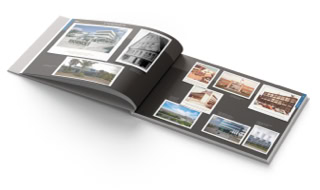 Jubiläumsbroschüre der Dürr Group, Innenseiten der Rubrik Standorte mit Polaroid Rahmen.