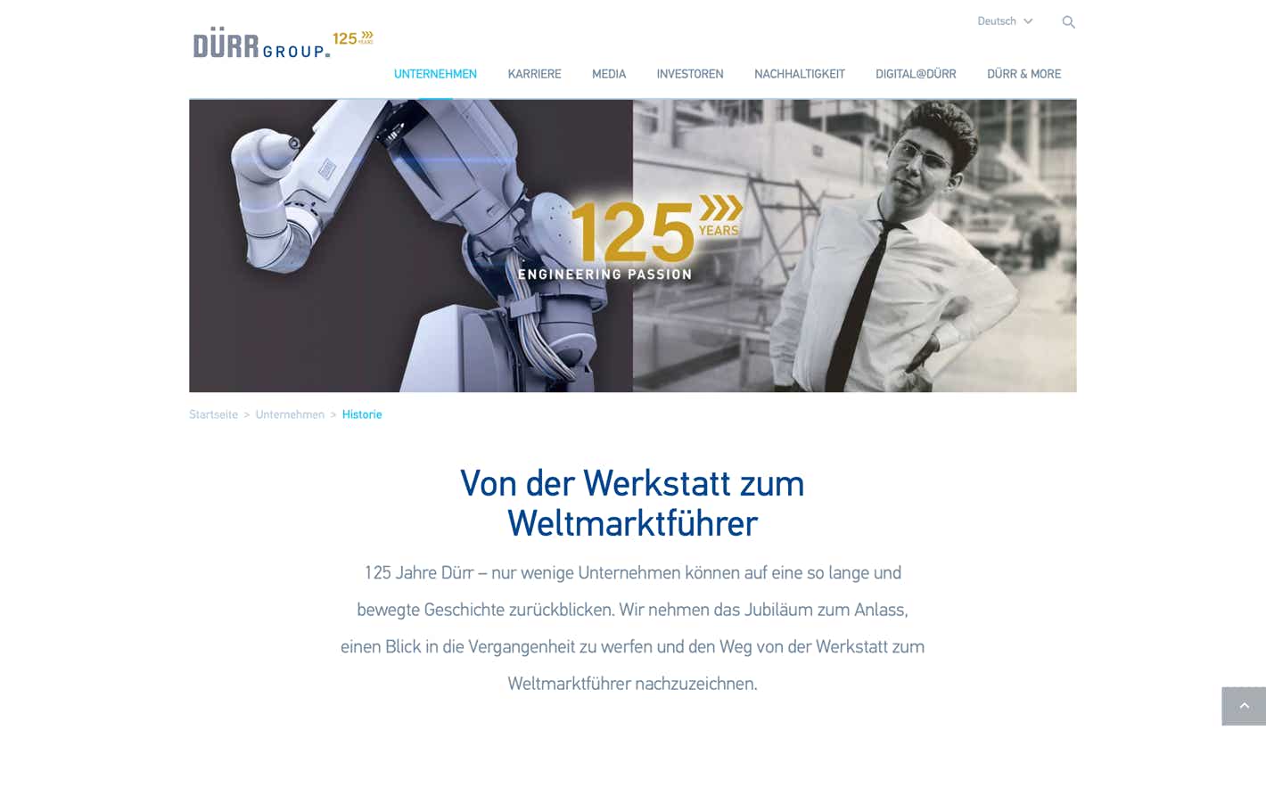 Header für die Website der Dürr Group mit einer Gegenüberstellung eines Roboters und Heinz Dürr in jungen Jahren.
